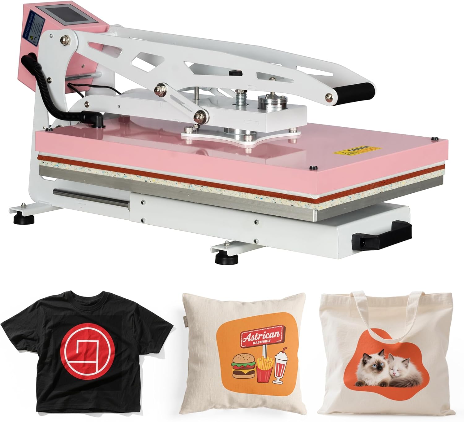 16x24 Inch Industrial-Grade Heat Press Machine, 2000W, Clamshell Style with Slide-Out Base, Pressure Adjustable, Fast Heating, Efficient Transfer for Home Decor & Custom Gifts, Pink