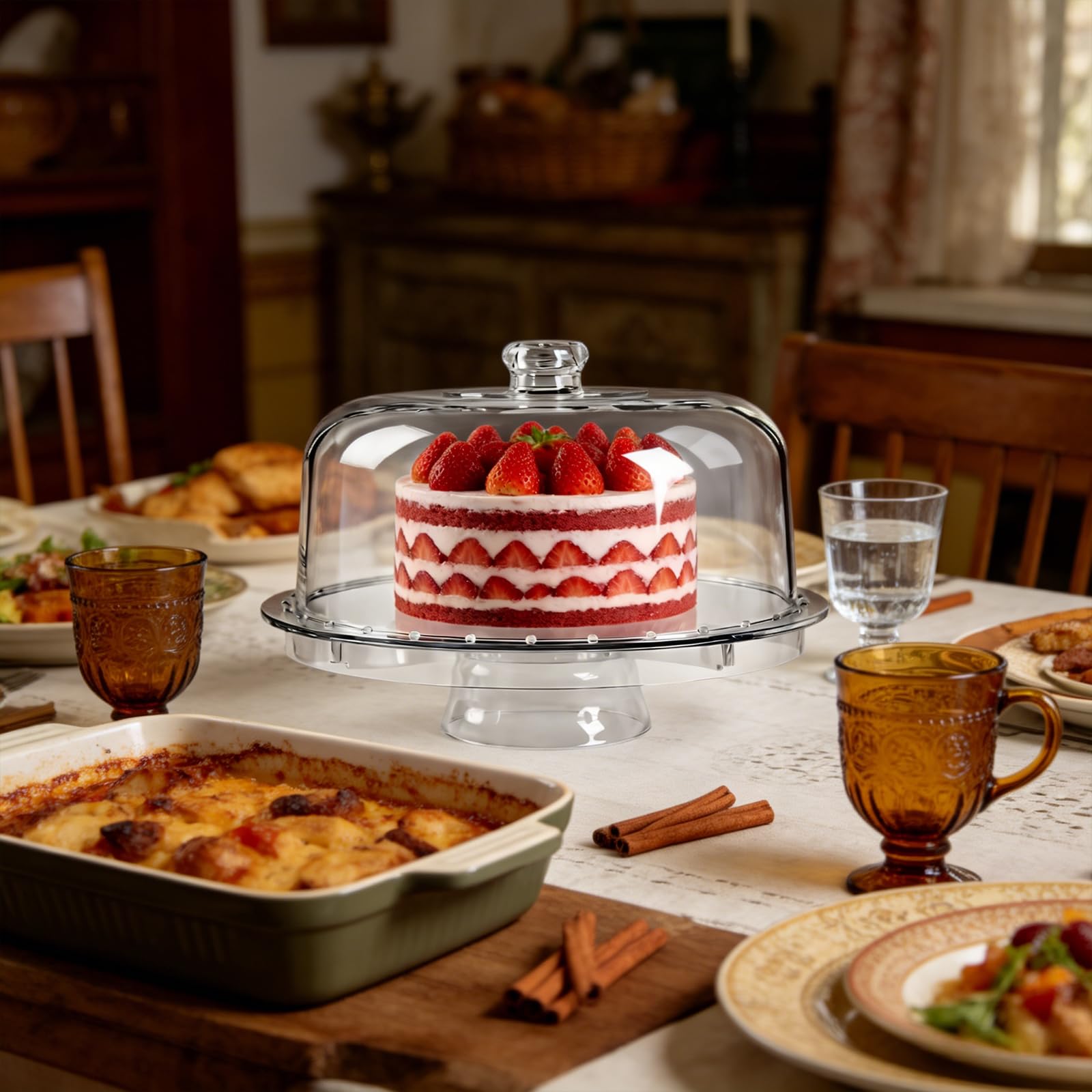 Patera na tort 6 w 1 patera na ciasto z dzwonkiem do | Przezroczysta patera na tort, klocek do sera, stojak na desery, na wesele, urodziny, imprezę, 30,7 x 30,7 x 16,5 cm