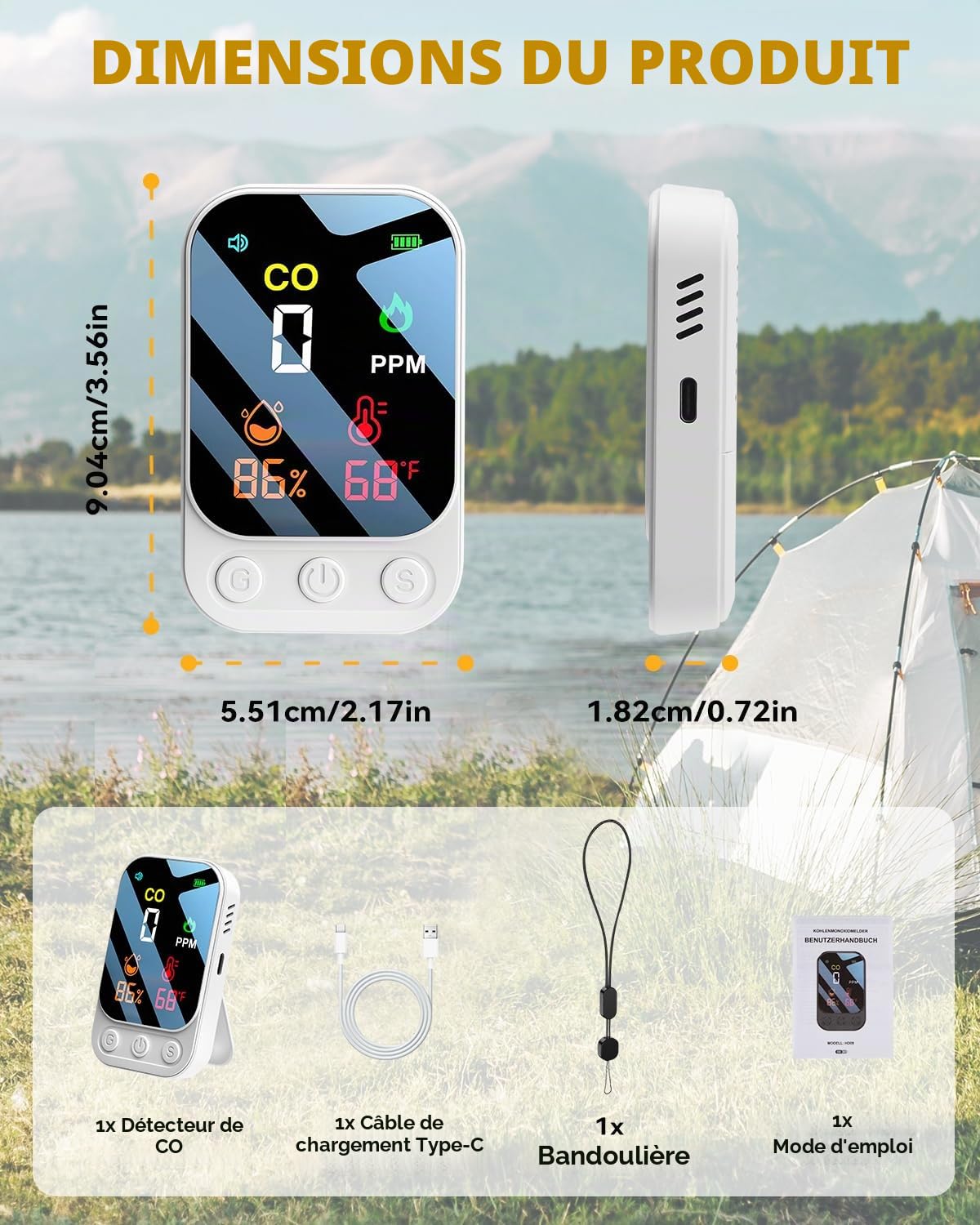3 en 1 Detecteur Monoxyde Carbone Détecteur de Monoxyde de Carbone Portable Alarme de CO Rechargeable avec Température Humidité Alarme Sonore et Visuelle pour Maison Voyages Caravane