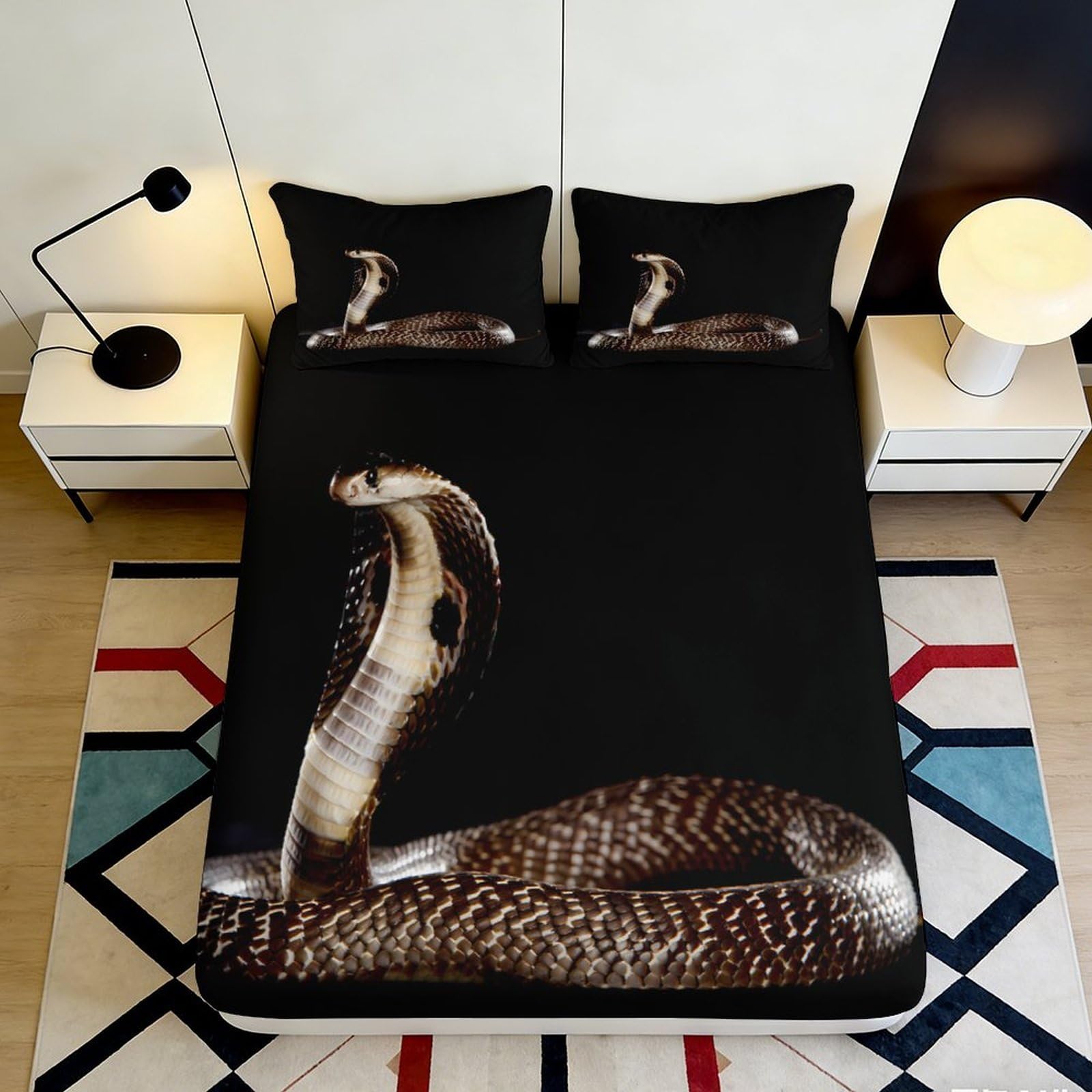 3D Printed Cobra Snake Fitted Sheet Microfiber Soft Black Bed Sheet for Bedroom Dorm Mattress Protection Decor 90x200x25cm
