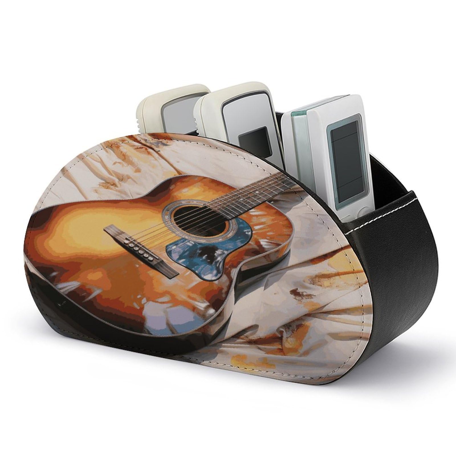 FekiLoot Watercolor Acoustic Guitar Remote Control Holder, PU Leather Remote Control Organizer Box Stationery Remote Control Box Desk Storage Organizer for DVDs,Glasses,Pens,Media Players