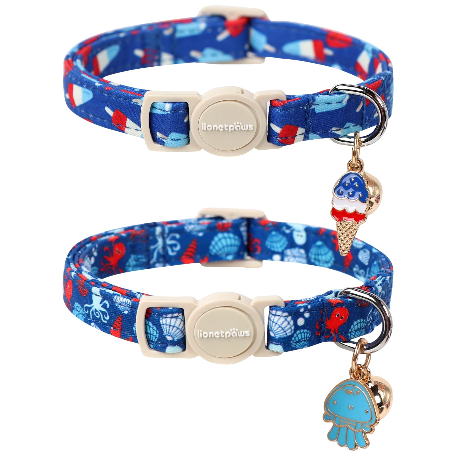 Lionet Paws 2pcs Pack Summer Cat Collars,Breakaway Kitten Blue Cat Collars,Sea Shell and Popsicle Cats Collar