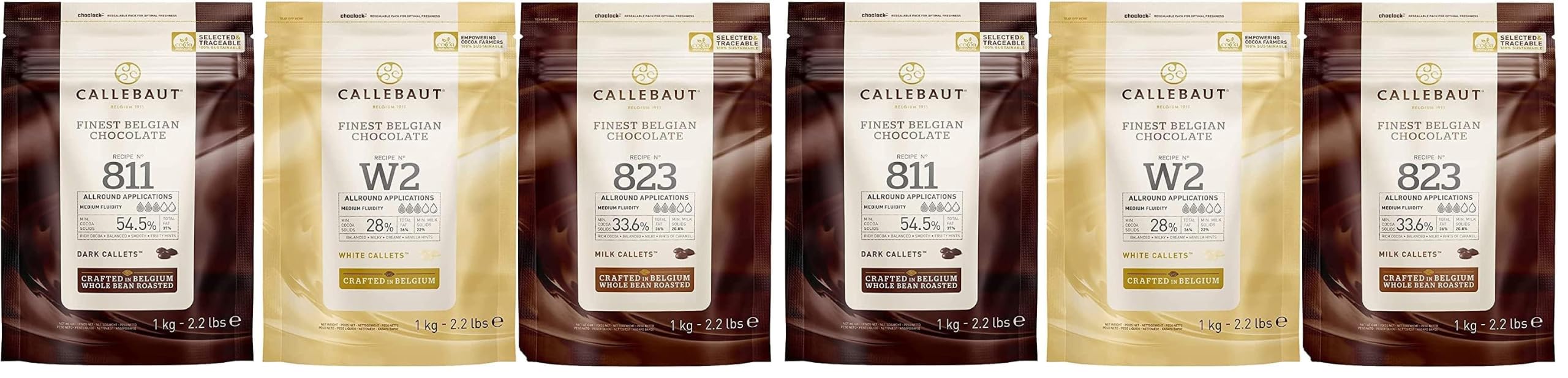 Callebaut Feinste Belgische Zartbitter, Milch & Weiße Schokolade - Finest Belgian Chocolate (Callets), je 1 kg (Packung mit 2)