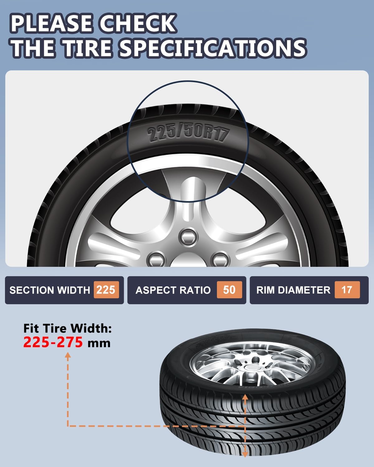 SCITOO 225-275mm Snow Chains for Car Pickup Trucks SUV,8 Pack Quick Easy Installation Tire Traction Chain,Portable Reusable Adjustable Universal Emergency Anti-Skid Thickening Tire Chains - Set of 8