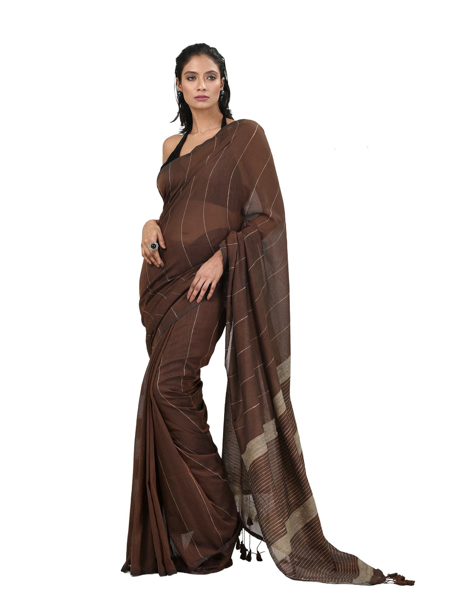 Brown Cotton Soft Saree With Stripe Pattern-image-20
