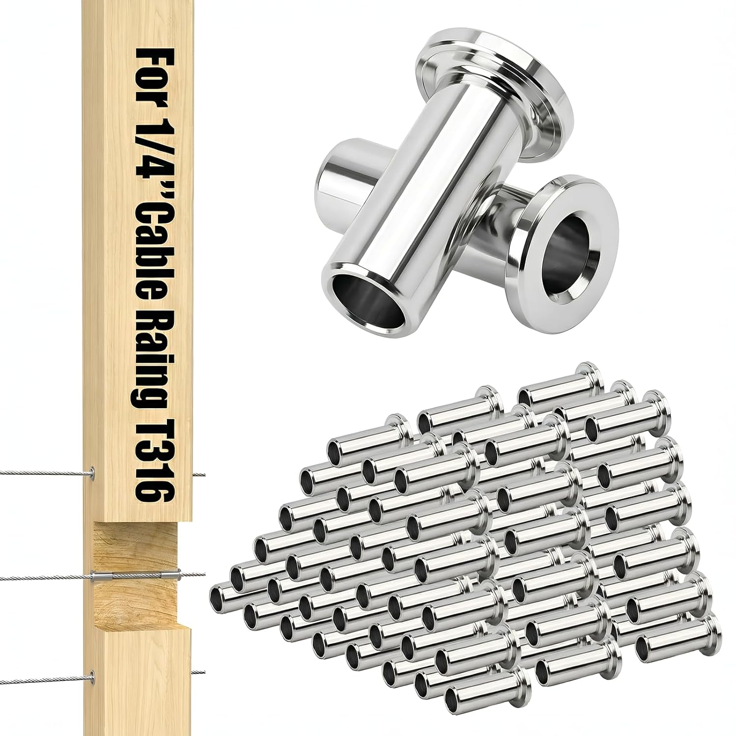 50 Pack 1/4" Cable Railing Protector Sleeves T316 Stainless Steel Protective Sleeves Deck Cable Railings Hardware Kit for Wood Ideal for DIY Balustrades