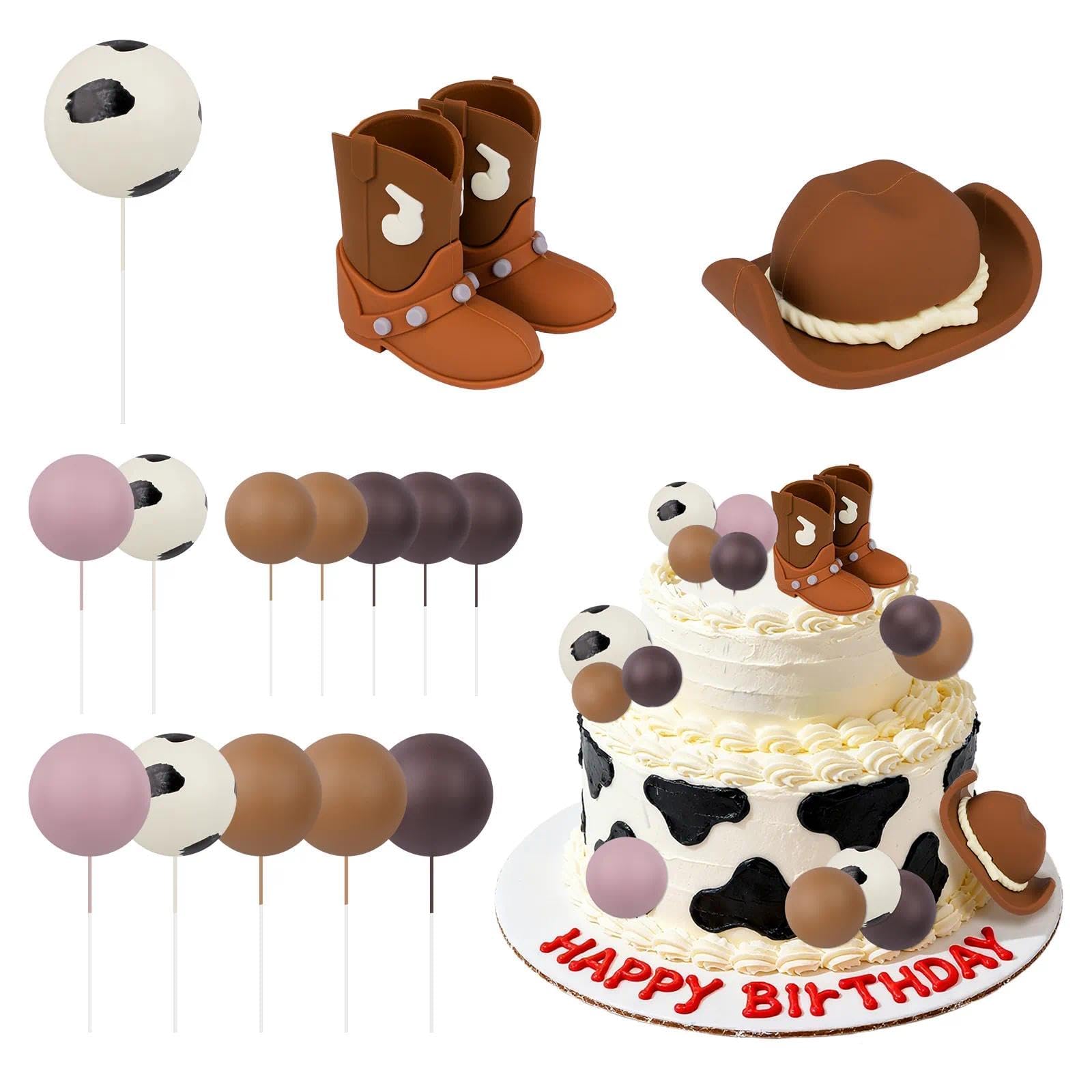 16PCS Cowboy Cake Toppers Wild West Cowboy Party Decorations,Country and Western Party Decorations,Cowgirl Boots and Hat Cake Toppers for Halloween,Christmas,New Year,BirthdayοΌBrownοΌ