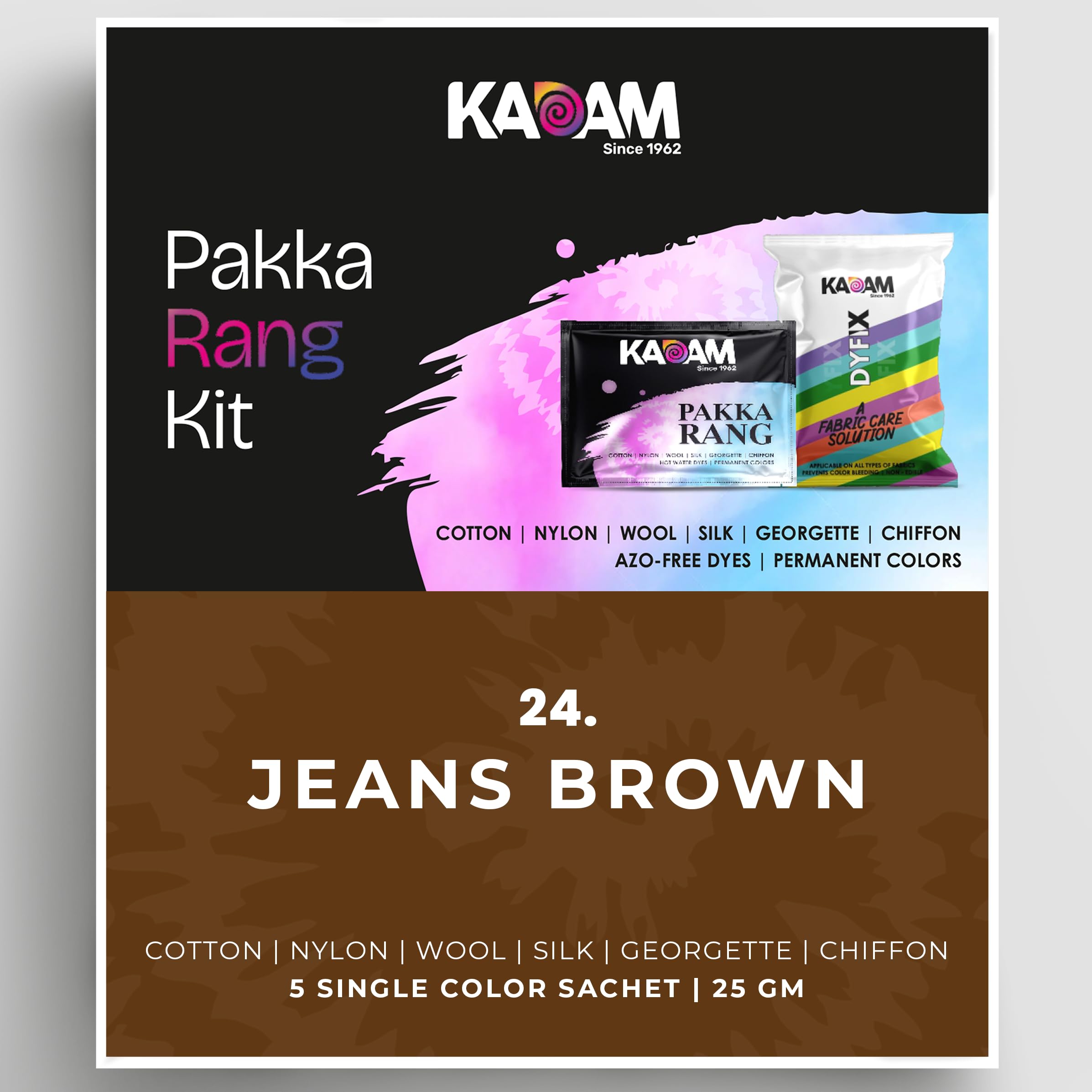 Kadam Pakka Rang Fabric Dye Colour | Shade No.24 Jeans Brown 25g Pack | Includes DyFix Color Fixer | Permanent Fabric Dyes for Old Faded Jeans and Clothes