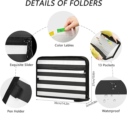 Miniatura 3 de Gredecor Carpeta de archivos expandible a rayas blancas y negras, 13 bolsillos, carpetas de archivo expandibles, organizador de archivos de