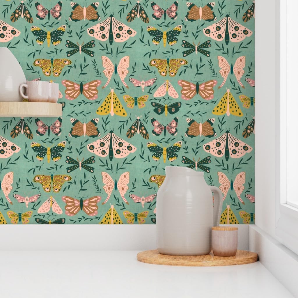 Peel & Stick Wallpaper 3ft x 2ft - Moths Teal Butterfly Modern Gold Mint Moth Mod Custom Removable Wallpaper by Spoonflower