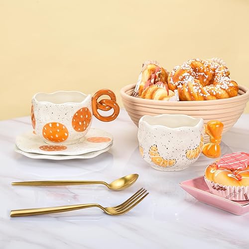 Miniatura 6 de Juego de taza de café y platillo de cerámica, lindo platillo alcalino en forma de pan, capuchino, taza demitasse expreso, 10 onzas, perfecto para té