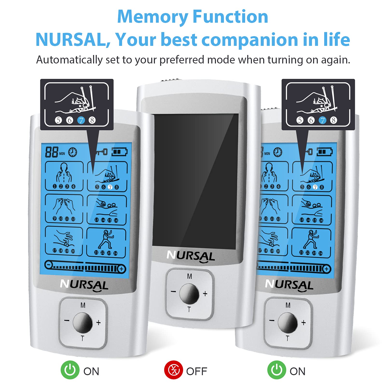 NURSAL 24 Modes TENS Unit Muscle Stimulator with Continuous Stimulation, Rechargeable Electronic Pulse Massager with 8 Pads for Back and Shoulder Pain Relief and Muscle Strength