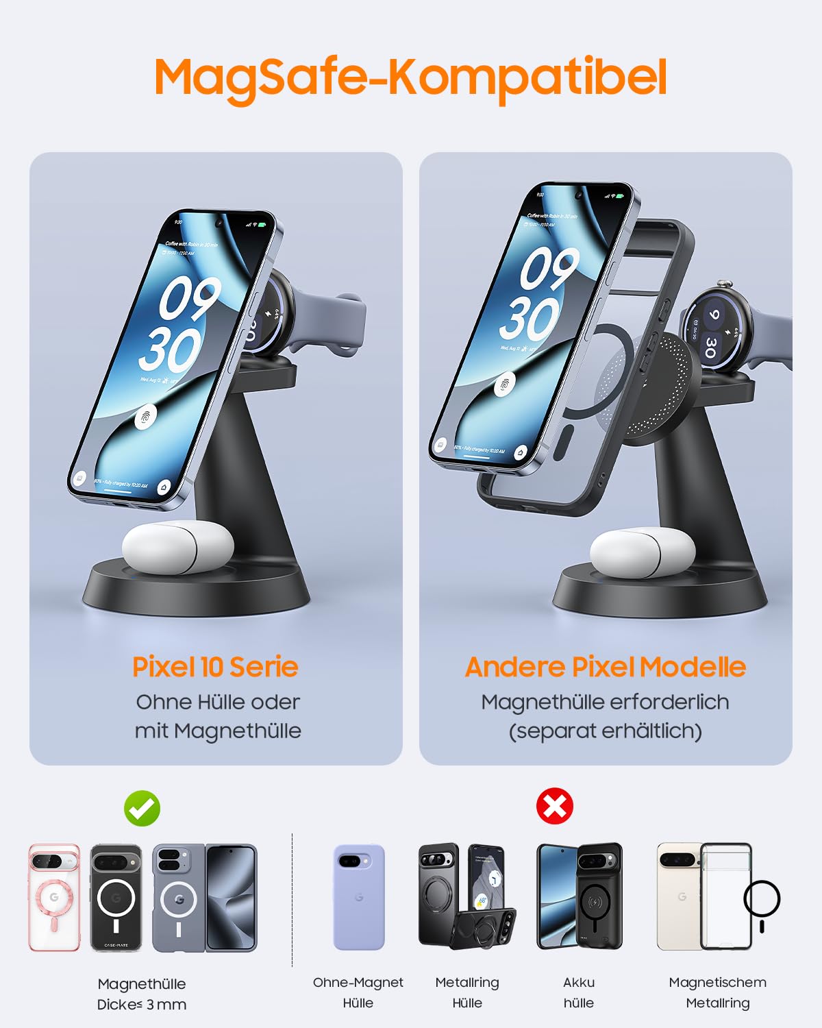 Meifigno 25W 3 in 1 Induktive Ladestation für Google Pixel Watch 5 & 4