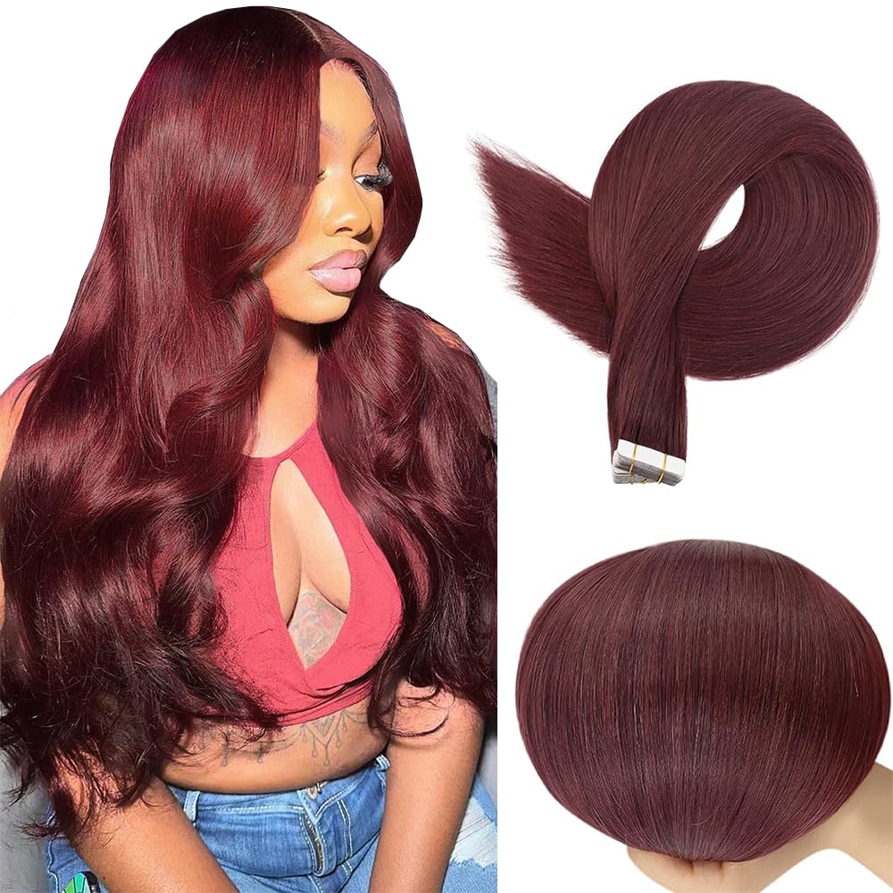 Photo 1 of #99J Burgundy Tape in Extensions Human Hair 16 Inch Wine Red Straight Tape in Seamless Extensions Real Human Hair Skin Weft Seamless Invisible Unprocessed Virgin Remy Hair 45g 10 Pcs