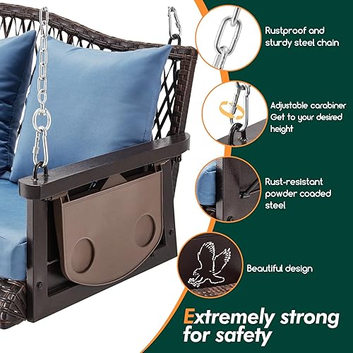 Miniatura 5 de Columpio colgante de mimbre mejorado para porche, resistente de 900 libras, 3 asientos, para patio, para adultos, con cadenas colgantes de 8.9 pies,