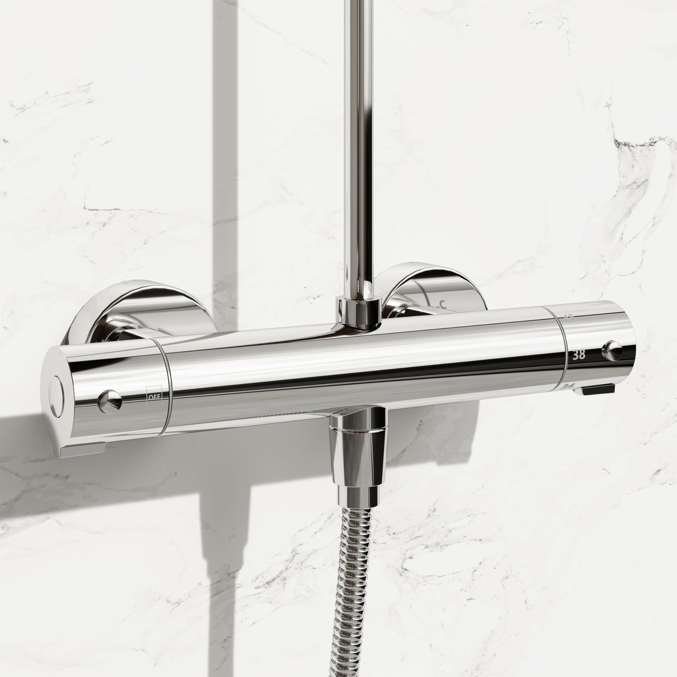 Chrom Mischbatterie Thermostat Duscharmatur mit 38 ℃ Sicherheitssperre | Aufputz Duscharmatur Regendusche aus Messing, Bad Armatur Dusche mit 2 Auslässen, Oben 3/4" BSP + Unten 1/2" BSP BATHLAVISH