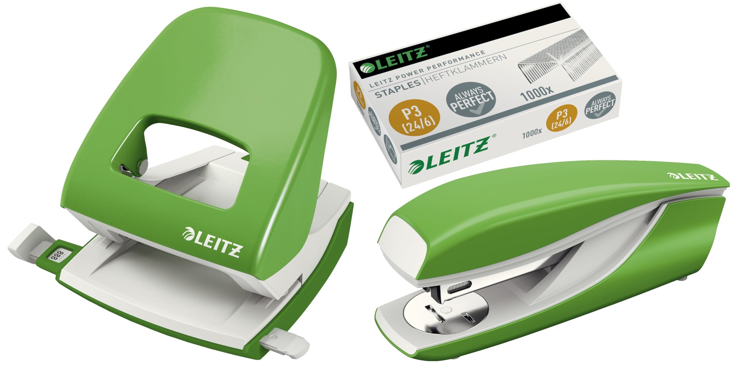 Leitz 5008 NeXXt Series Bürolocher, Metall, bis zu 30 Blatt/Kombi-Set mit Heftgerät + 1000 Klammern extra (hellgrün)