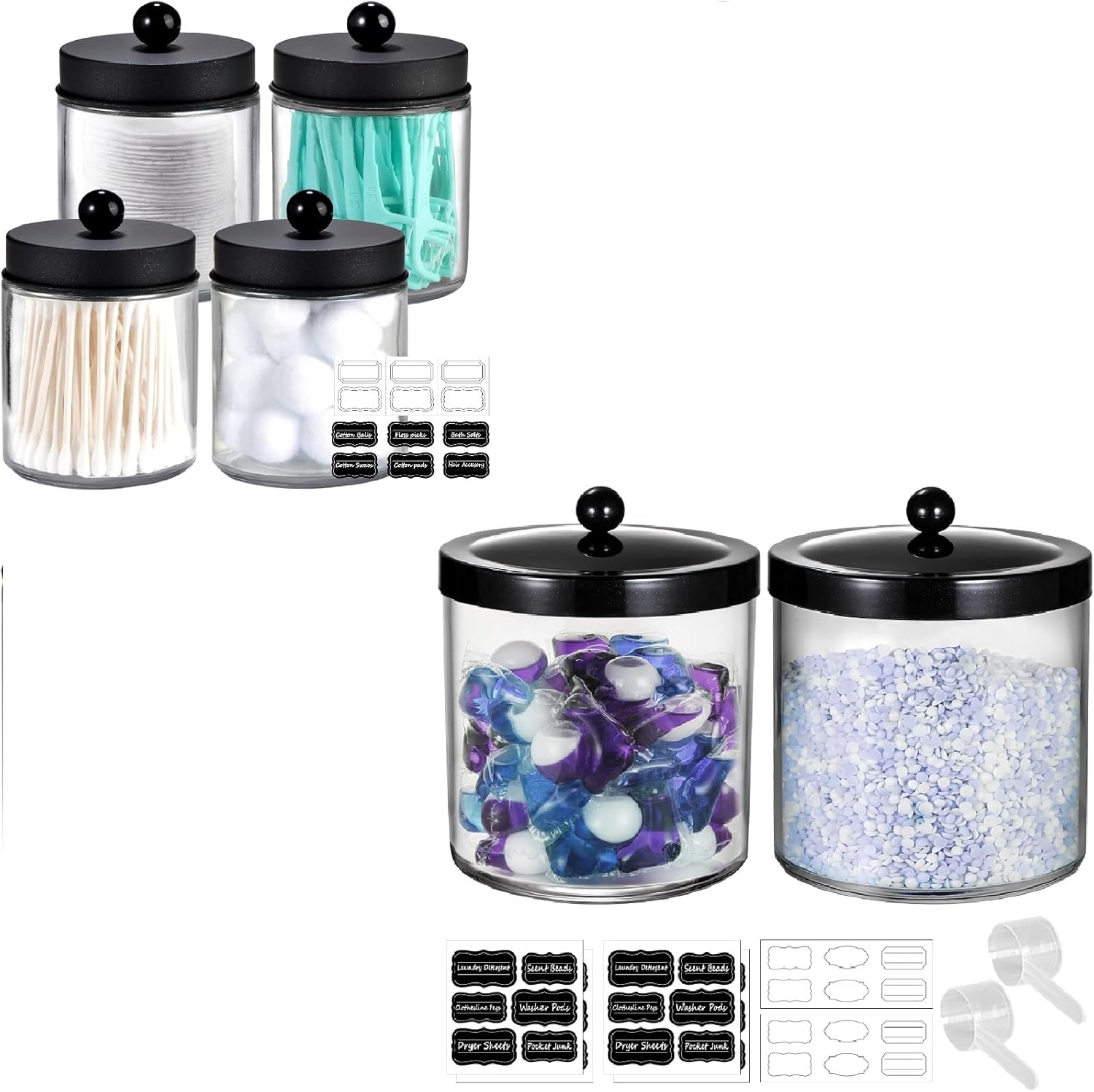 2 Pack 50 Oz Apothecary Jar - Plastic Canister with Stainless Steel Lid, Bathroom Vanity Organizer + 4 Pack Apothecary Jars Bathroom Vanity Storage Organizer Set
