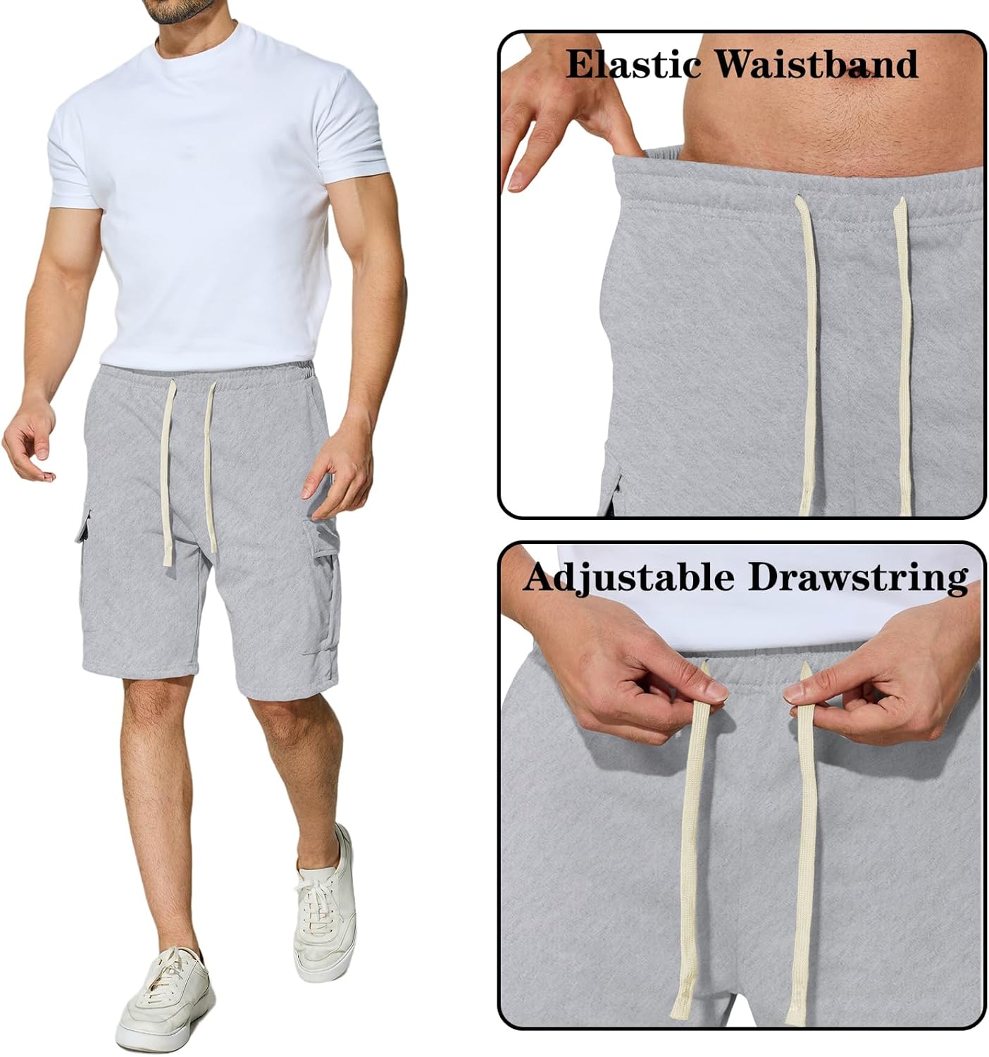 Mens Cargo Sweat Shorts Casual Elastic Waist Drawstring Gym Relaxed Fit Athletic Jogger Shorts with 5 Pockets - Image 5