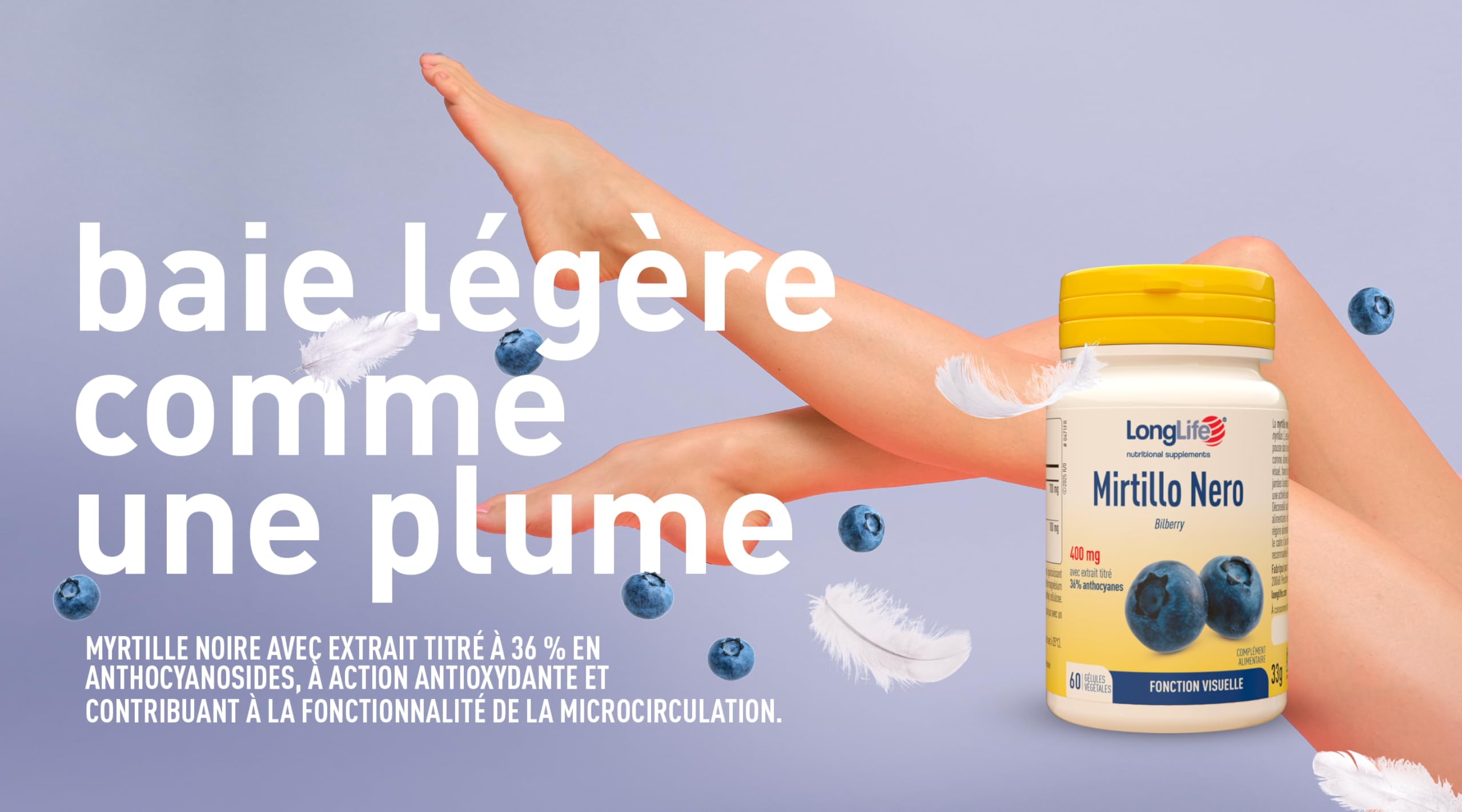 LongLife® Myrtille Noire | Extrait standardisé à 36 % en anthocyanosides (Mirtoselect®) | Minimum 800 mg | Bien-être visuel et microcirculation | Jusqu’à 1 mois de traitement | Végan et sans gluten