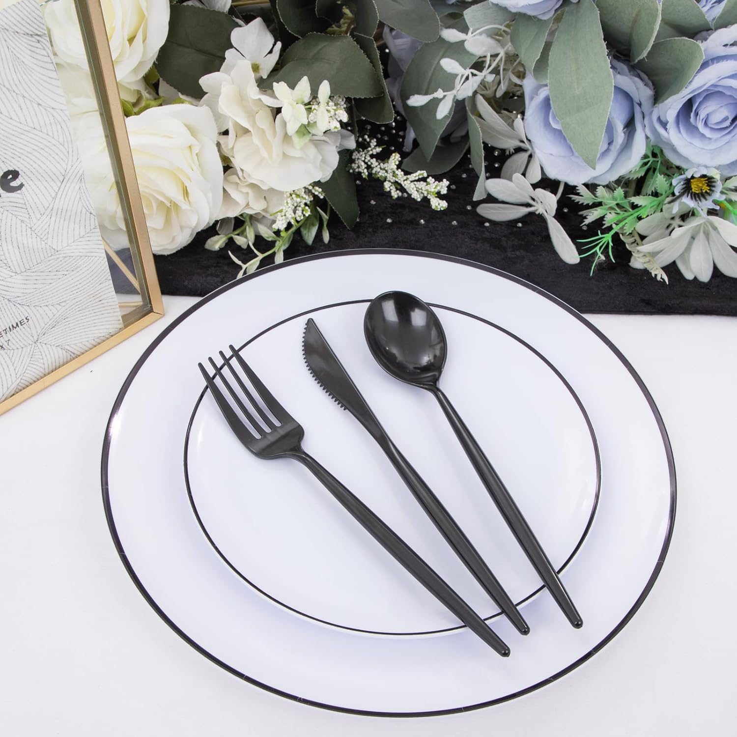 EI 180pcs White Plastic Dinnerware Set Include Black Disposable Silverware,Dinner and Dessert Plates,Cups,White Plastic Plates with Black Rim Perfect for Wedding,Birthday,Partys,Business Events,Hotel