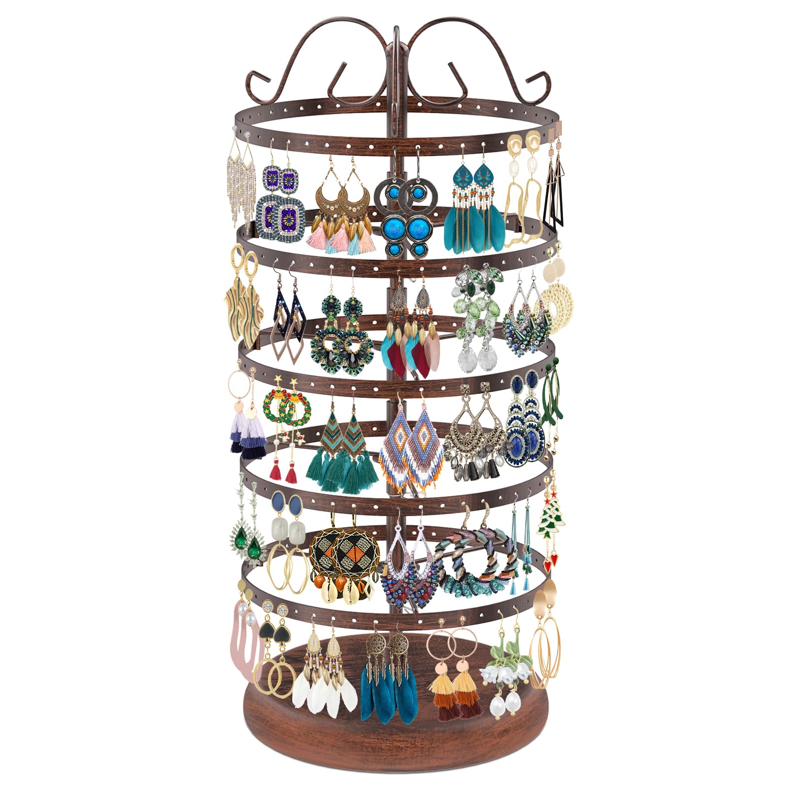LASZOLA 5 Tiers 360° Rotating Earring Holder Organizer, 220 Holes Metal Necklace Bracelet Jewelry Display Rack Stand Tower - 16.9x5.9 Inch (Bronze)