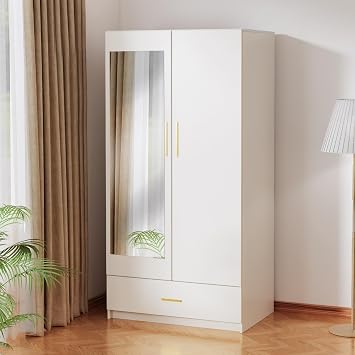 Large-Capacity Cabinet with Hanging Rod and Compartments, Storage Cabinet with Mirror Suitable for Bedroom, Living Room, Laundry Room