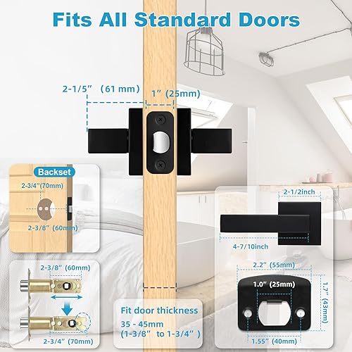 Vista 15 de Estmoon Paquete de 2 manijas de puerta de paso, pomos de puerta color negro mate, manijas de puerta cuadradas interiores, manijas resistentes sin