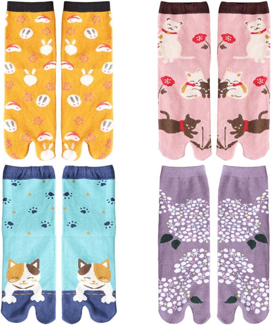 ZEALMAXJapanese Style Two-Toe Socks Cotton Cosplay Socks Cartoon Cat Socks Big Toe Socks for Women and Girls- 4 Pairs Pack