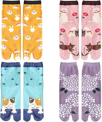 ZEALMAX Japanese Style Two-Toe Socks Cotton Cosplay Socks Cartoon Cat Socks Big Toe Socks for Women and Girls- 4 Pairs Pack