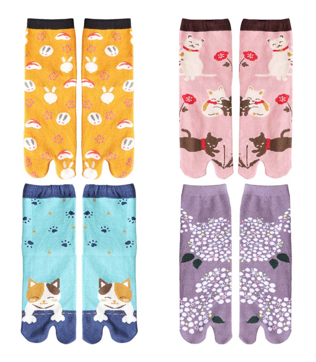 ZEALMAXJapanese Style Two-Toe Socks Cotton Cosplay Socks Cartoon Cat Socks Big Toe Socks for Women and Girls- 4 Pairs Pack