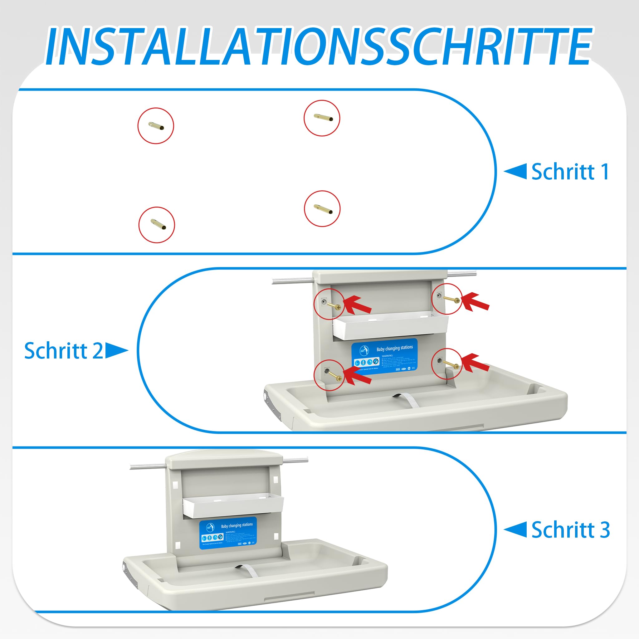 Wickelkommode Wandmontierter HDPE, Baby Mobiler Wickeltisch klappbar mit Sicherheitsgurt, Ablagefächer, Haken, 85x57x47 cm für Zuhause Einkaufszentrum, Gewichtskapazität 33 lbs/ 15kg