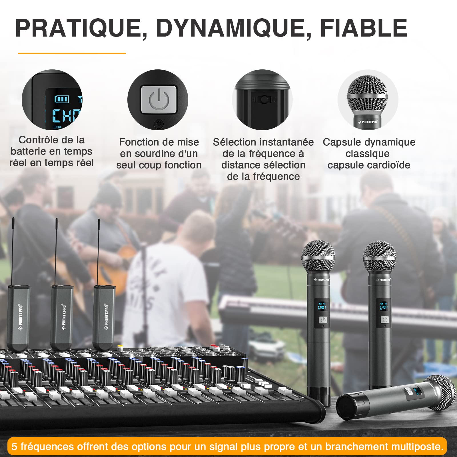 Phenyx Pro Système de Micro sans Fil numérique Simple,avec 1 Microphone Dynamique à Main,Mini récepteur,5 fréquences UHF,Microphone sans Fil en métal pour Chanteur,karaoké, Mariage(PDP-1)