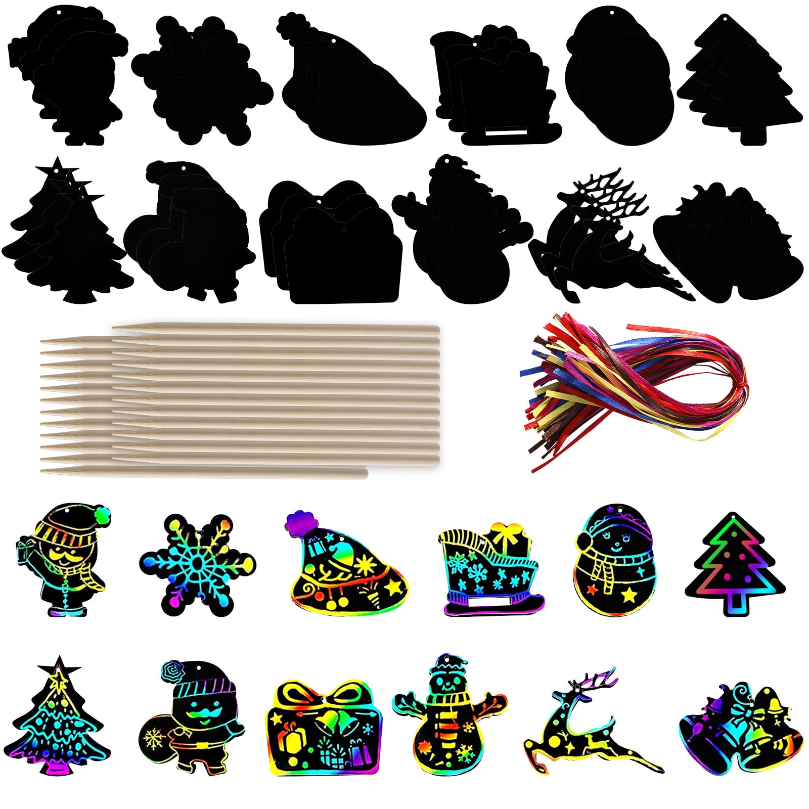 48 Papiers à Gratter De Noël - Art à Gratter Arc-en-ciel - Avec Stylos Bois Et Ruban - Déco Fête DIY