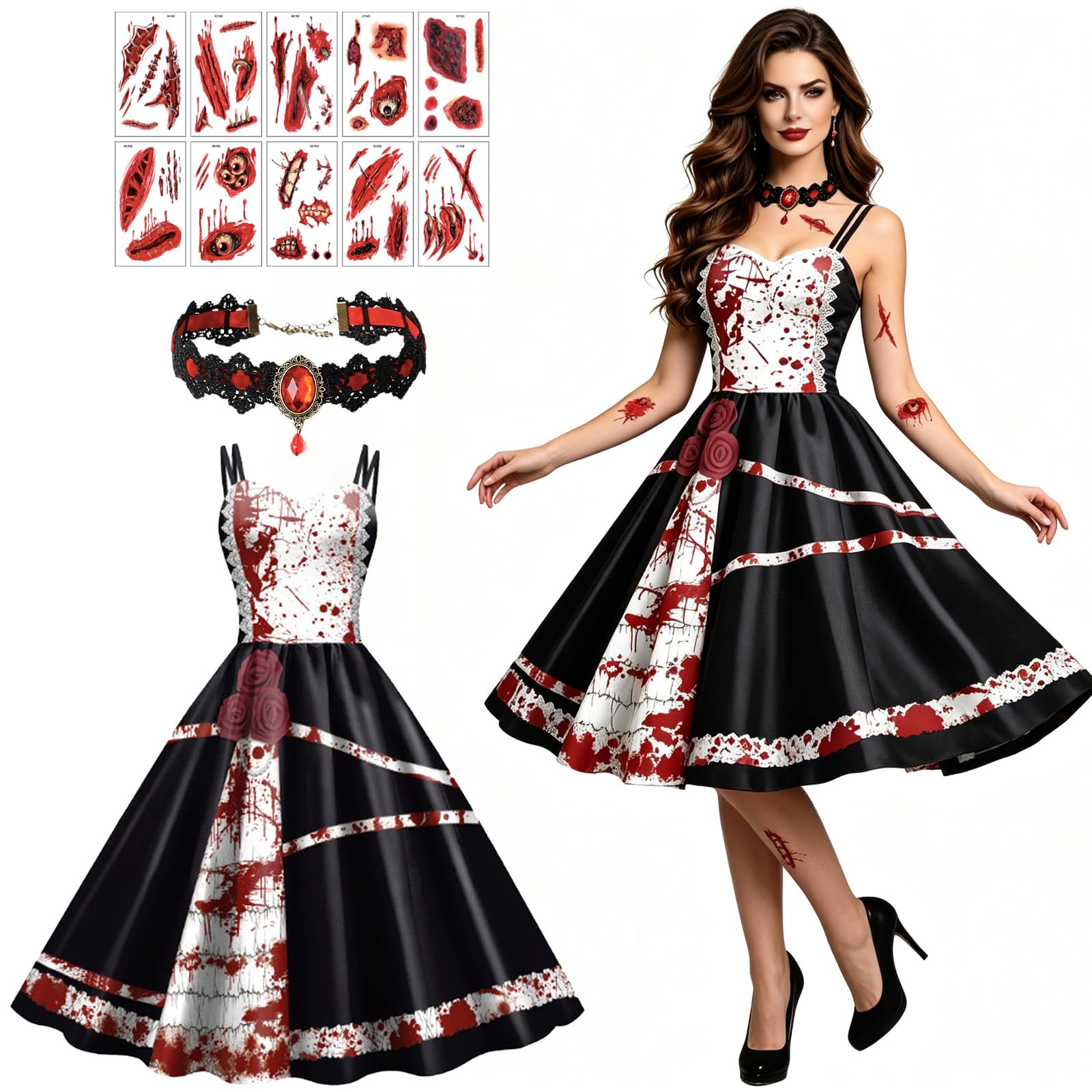 Damen Halloween Kleid mit blutigem Druck + Halskette & Tattoo