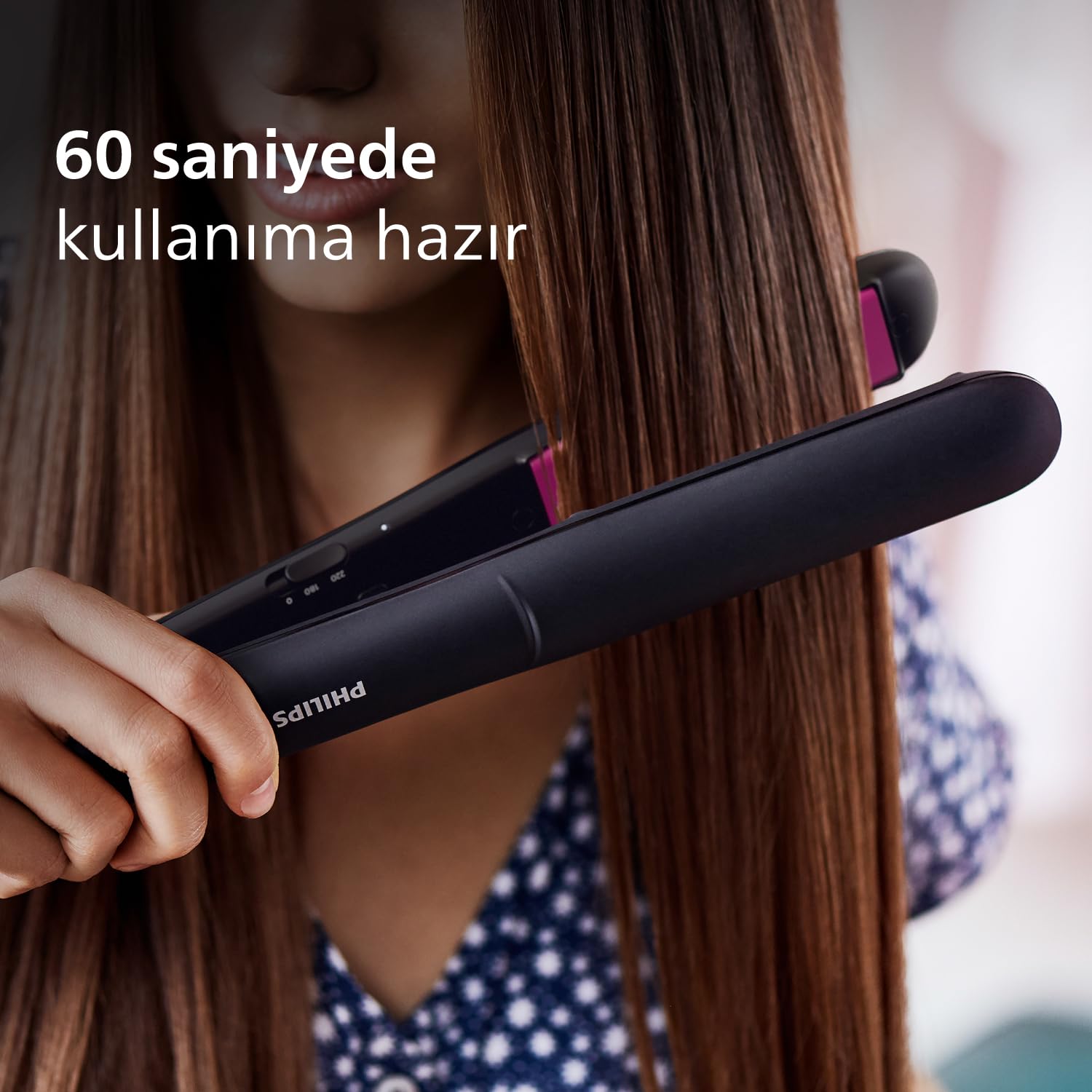 Prostownica Philips Straightcare Essential - Płytki z keratyną - Uniwersalne napięcie - Blokada płytek - 2 ustawienia temperatury - Długie płytki 100 mm - Czas nagrzewania 60 s - BHS375/00