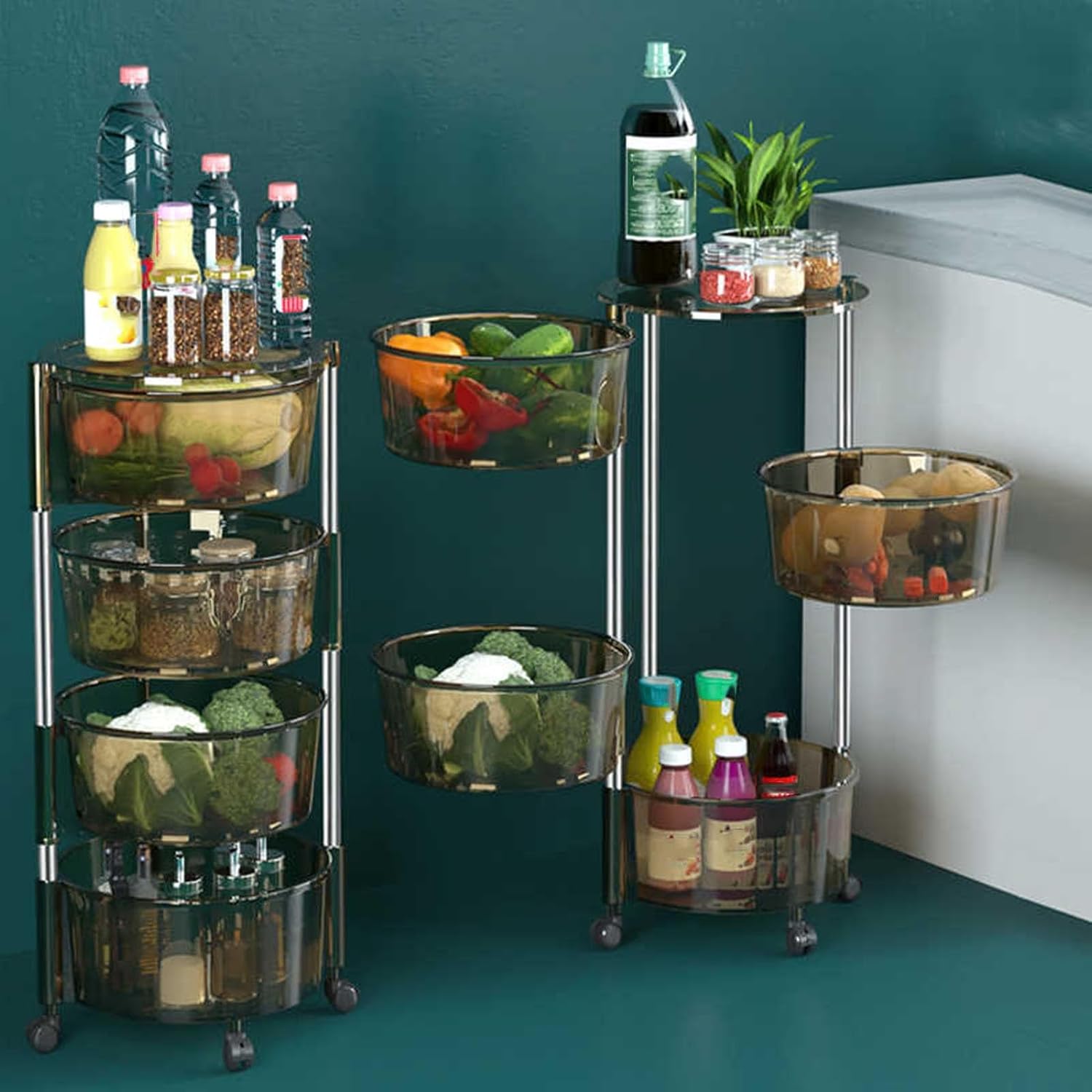 3/4/5 Tiers Storage Rotating Basket,Rotating Fruit and Vegetable Shelf,PVC+Stainless Steel Tubing Bathroom Shelf,Saves Space(Color 1,4 Tiers)