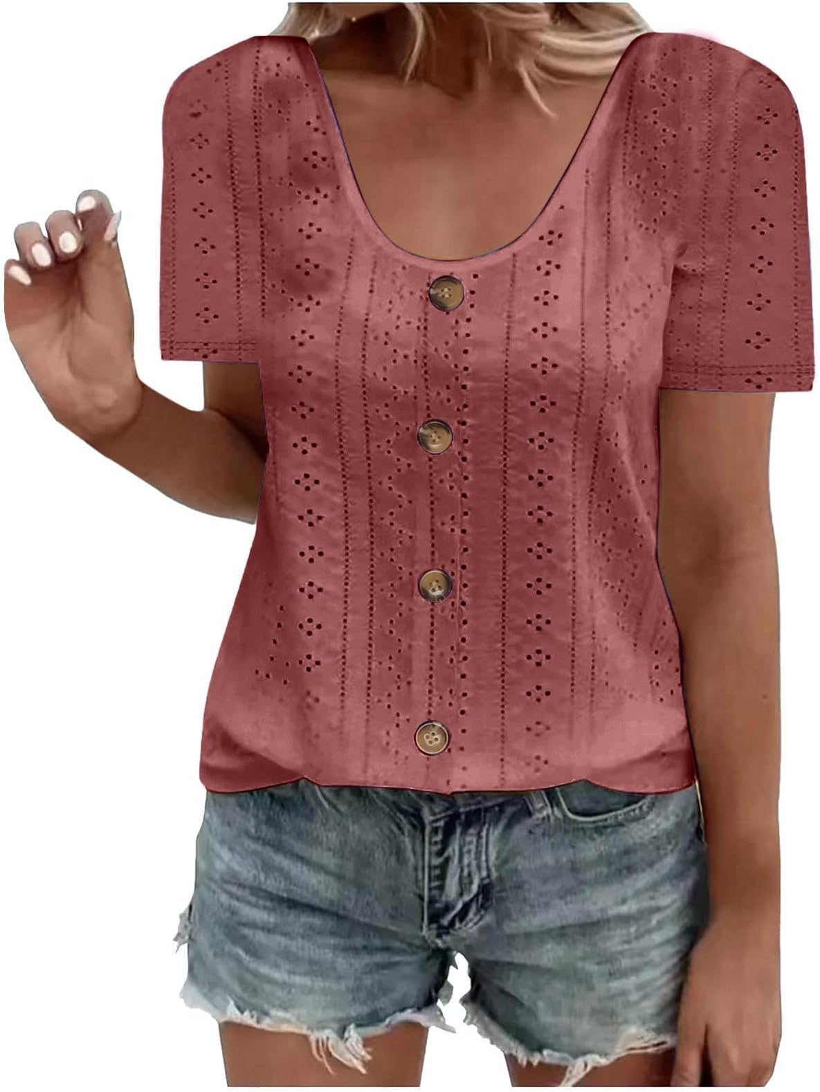 Tee Shirts for Women UK Summer Fashion Short Sleeve Scoop Neck Eyelet Tops Causal Solid Loose Blouse Trendy Clothes