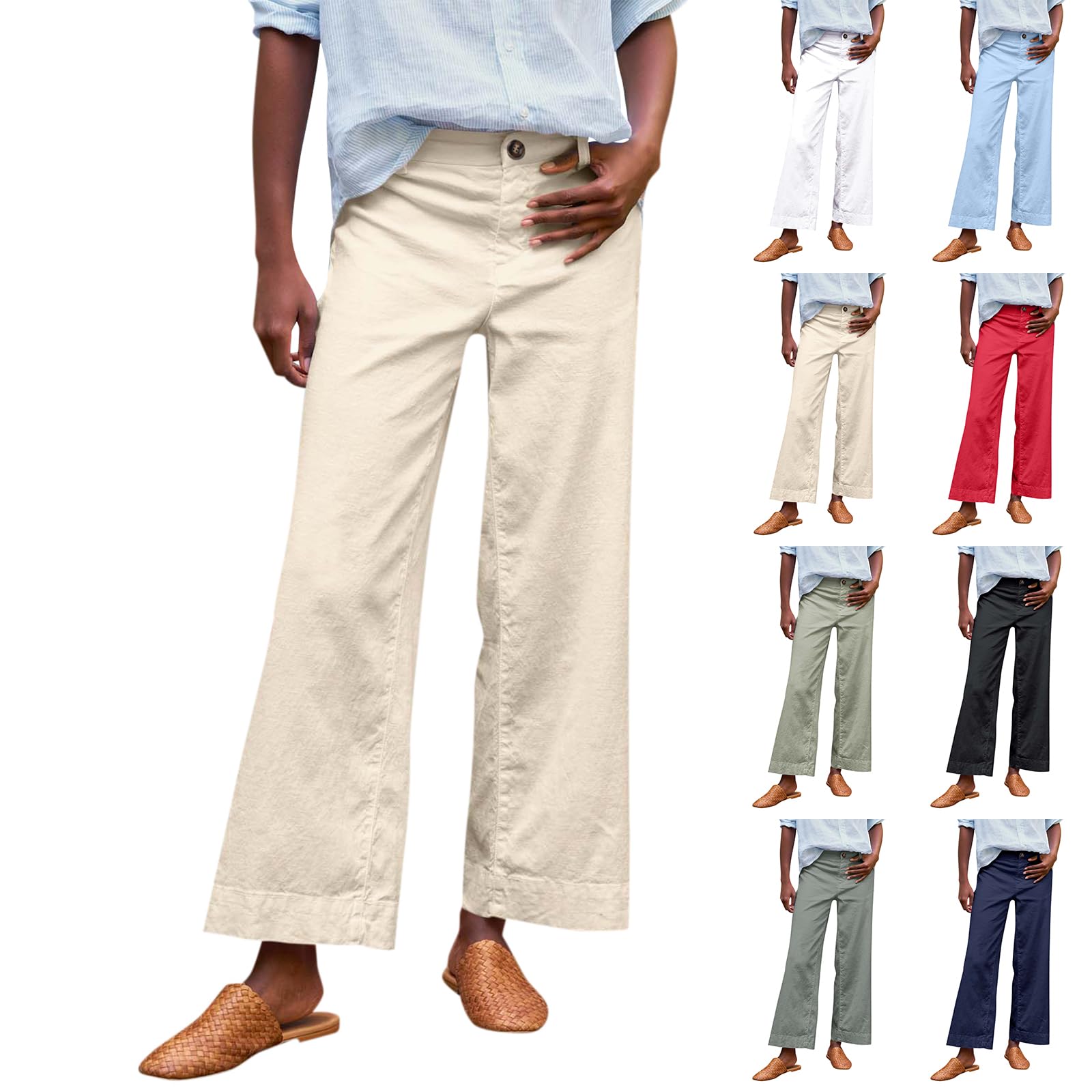 Cropped Linen Pants Women High Waisted Flare Wide Leg Capri Work Business Casual Ankle Pants with Pockets
