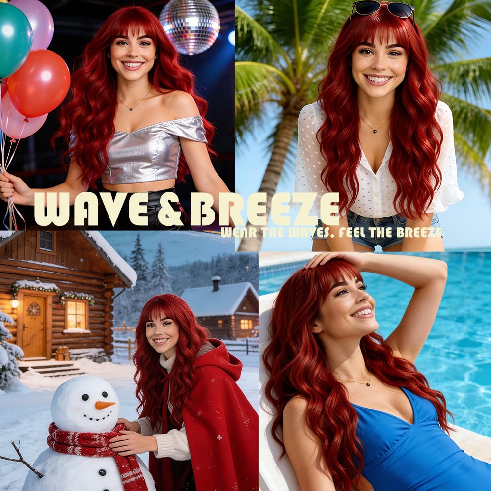 Red Wig with Bangs for Women 26 Inch Long Wavy Curly Hair