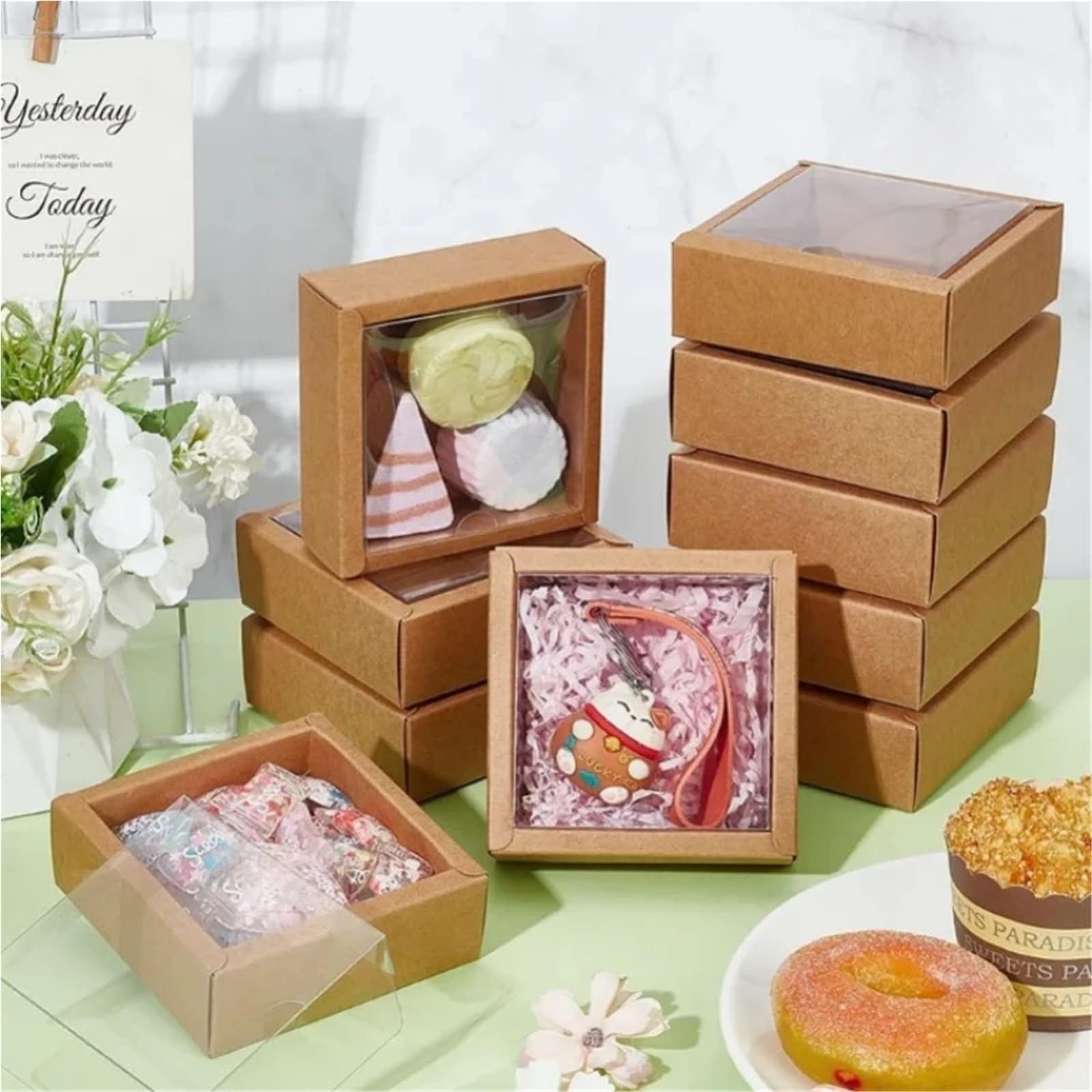 Kraftpapier Box Mit Fenster 10 Stück Kraft-Geschenkbox mit Fenster | For Kekse, Süßigkeitenkuchen(Clear01,8.5x8.5x3.5cm)