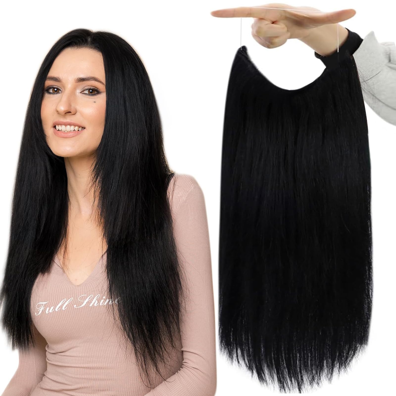Fshine Hair Extensions Invisible Wire Jet Black Transparent Fish Line Human Hair Extensions 20 Inch 80G One Piece Straight Clip in Remy Human Hair