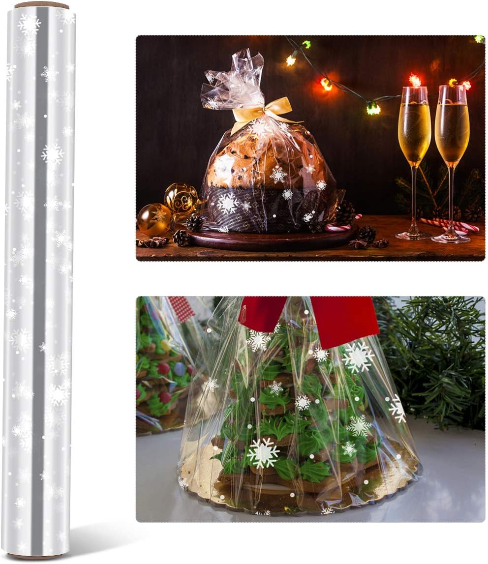 NUOBESTY Cellophane Wrap Roll | 2.5 Mil Thickness Snowflake Printed Wrap Cellophane Cello Rolls for Christmas Baskets Arts Crafts