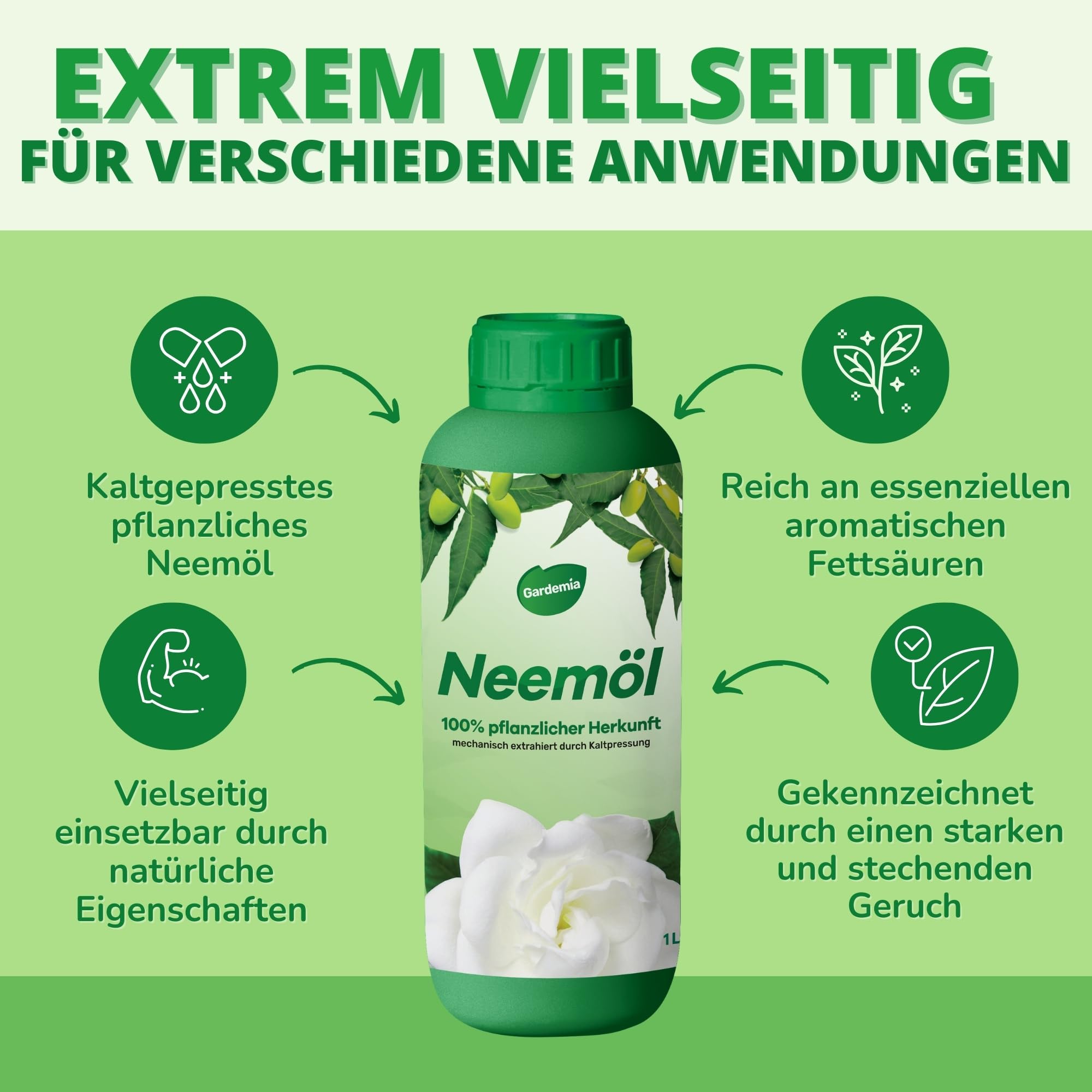 Gardemia Neemöl mit Emulgator 1L mit Wasser mischbar 100% pflanzlichen Ursprungs mechanisch durch Kaltpressung der Früchte des Neembaums extrahiert