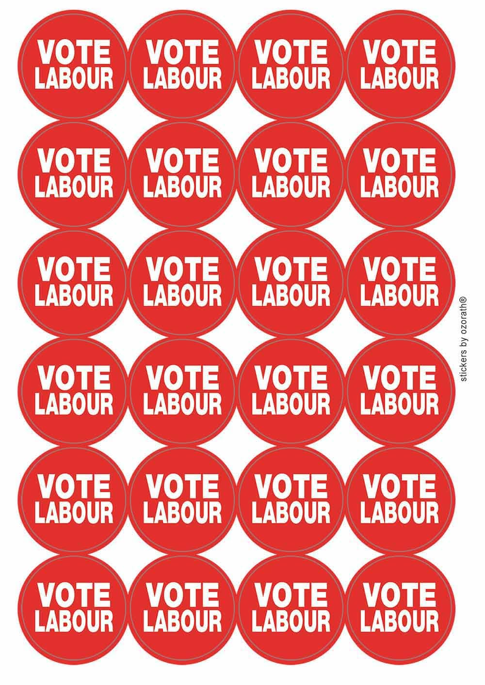 Vote Labour Circular Matt Paper Stickers A4 Sheet of 24 (Each Sticker is 45mm Diameter)