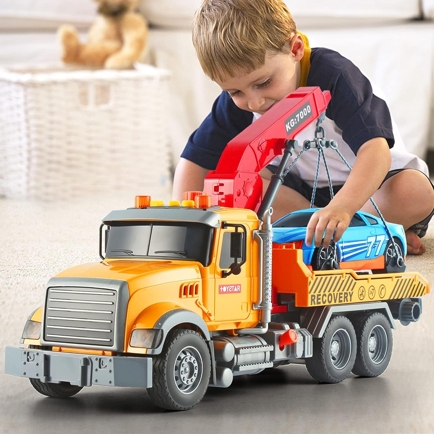 AM ANNA 15" Large Tow Truck Toy,Friction Powered Transport Truck Crane Toy with Lights and Sounds,with Roadster,Kids Toys for 3 4 5 6 7 Years Old Boys,Toddlers Gifts (tow truck)