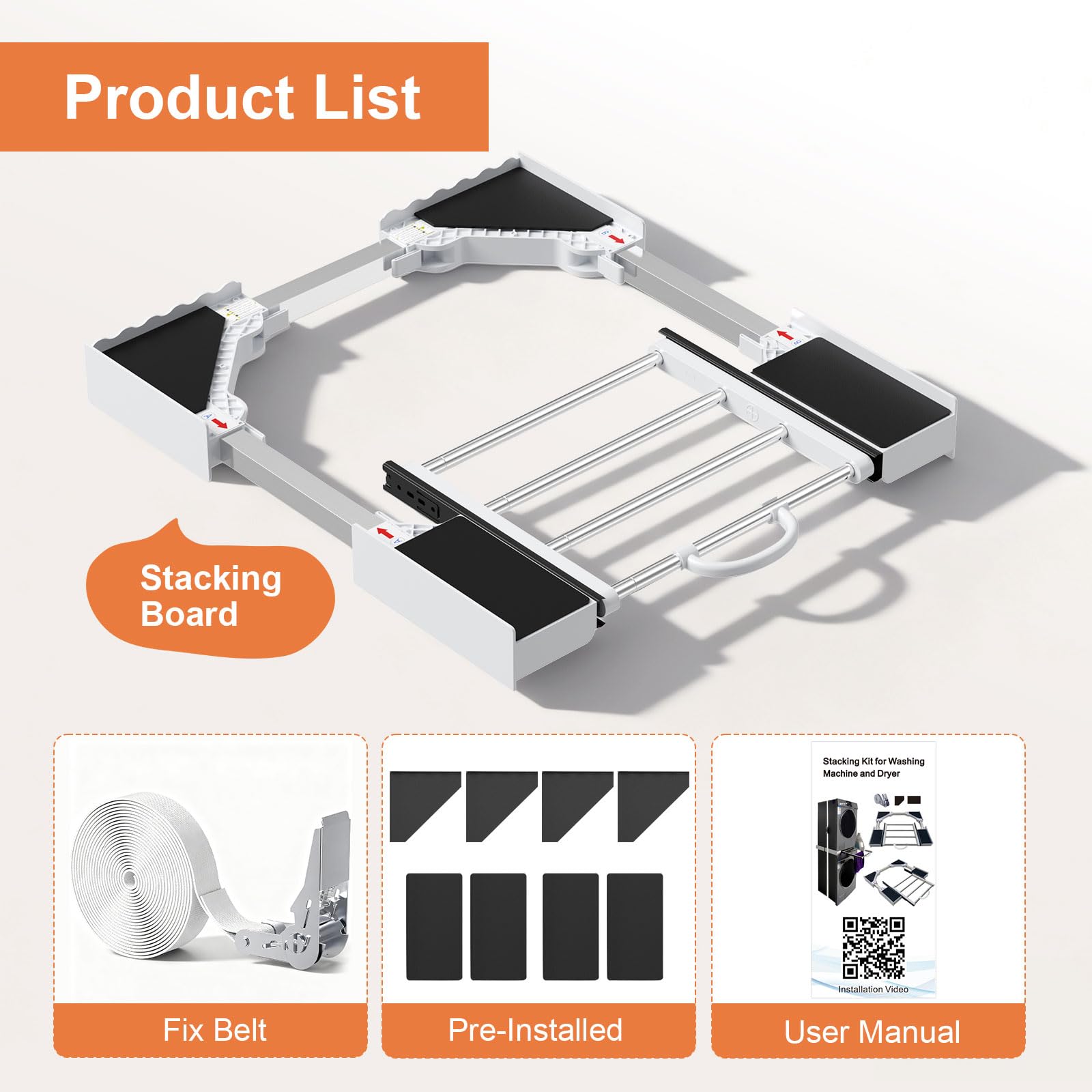 Kit universal de unión para lavadora y secadora con estante deslizante, kit universal de estanterías apiladas con trinquete y marco intermedio ajustable para lavadoras de 46-72 cm
