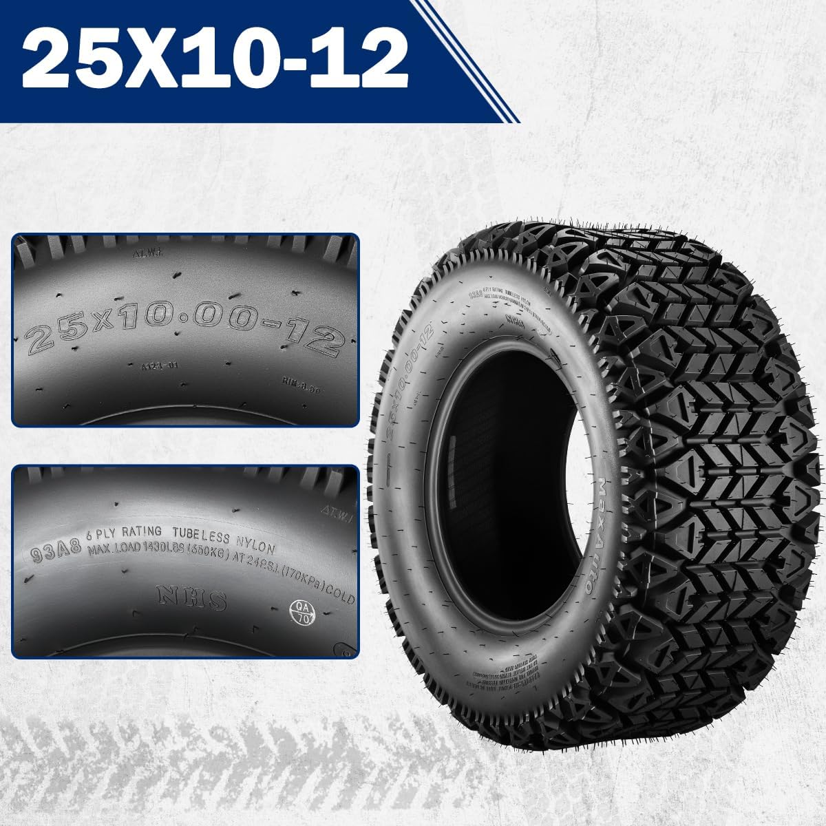 MaxAuto 25x10-12 Hilly Lawn ATV Tires, 25x10x12 All Terrain UTV ATV Tires, 25-10-12 Mud Sand Tire, 6PR Tubeless, 2 Pack