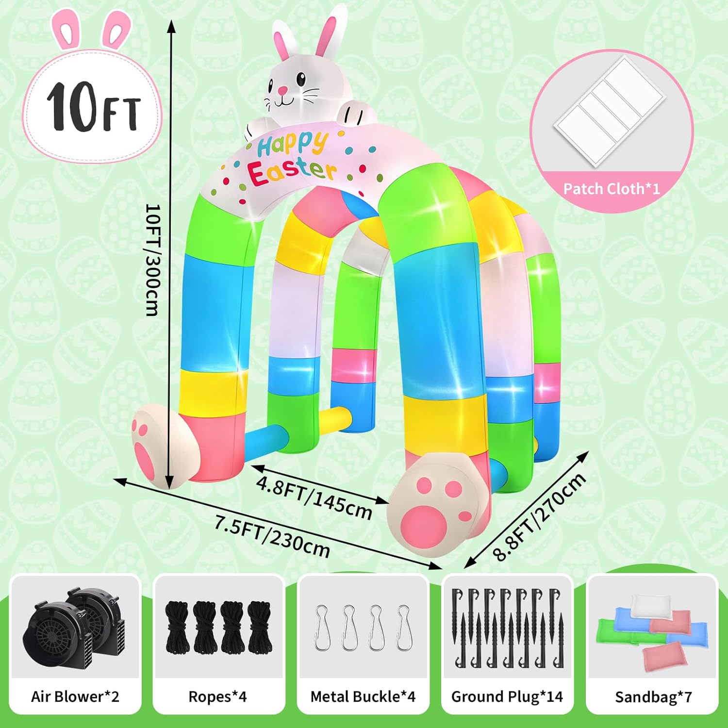 Kalolary 10FT Easter Archway Inflatables Outdoor Decorations, Stereoscopic Bunny Rainbow Arch Inflatable with Built in LED Lights Blow Up Yard Decoration for Holiday Party Garden Yard Lawn Decors