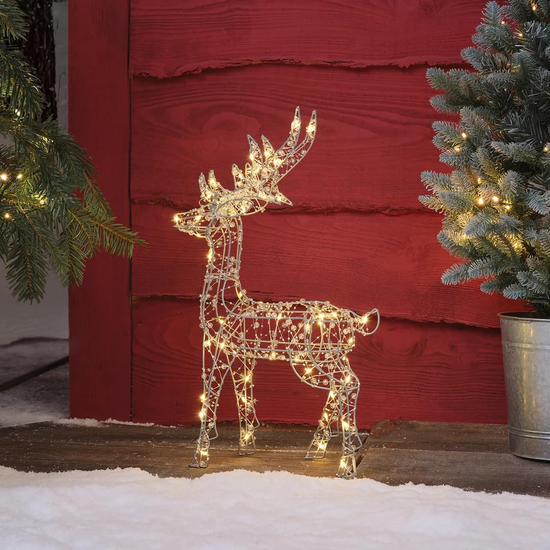 Light4fun Beleuchteter perlenbesetzter Hirsch | mit 50 warmweißen LEDs | batteriebetrieben & mit Timer | Weihnachtsfigur für innen und außen | Weihnachtsdeko Beleuchtung Garten Haus